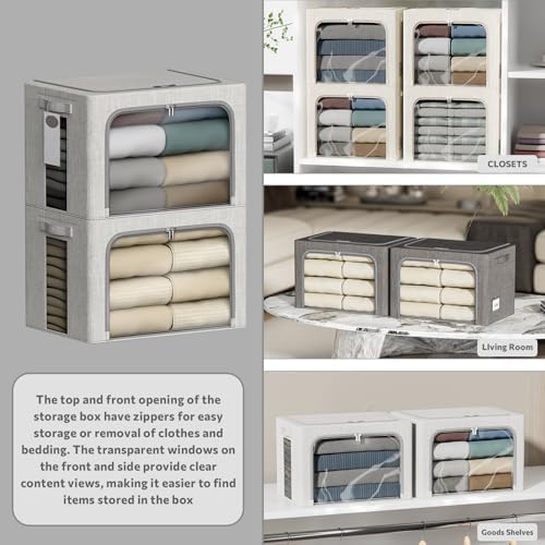 4 Pack Clothes Storage Bins with Metal Frame - 36L Stackable Storage Box with Lid，Foldable Storage Container Organizer for Clothes，Linen Fabric Storage Box with Clear Window＆Zippers＆Handles - Image 2