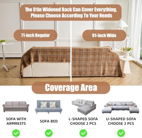 Couch Cover for Dogs Washable Sofa Cover, Sectional Couch Covers, Sofa Covers for 2 Cushion Couch, Non Slip Stripe Sofa Slipcovers Furniture Protector (Brown Checkered 71x118) - Image 3