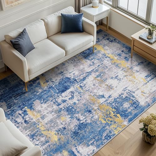 RELEANY Washable 8'x10' Abstract Area Rug for Living Room Blue Gold - Image 2