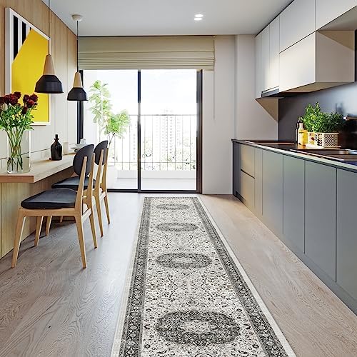 Hallway Washable Runner Rug - 2'6x12 Kitchen Rugs Entryway Rug Runner Vintage Soft Floor Mat Non Slip Indoor Farmhouse Carpet for Bathroom Living Room Bedroom (2'6''x12', Grey) - Image 2