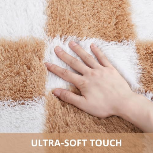 Ophanie Checkered Beige & White Rug for Living Room Bedroom,Fluffy Soft Cute Fuzzy Area Rugs,Shag Plush Shaggy Bedside Floor 4x6 Furry Carpet Kids Baby Teen Dorm Decor with Over 99 pcs Pile fibers - Image 2