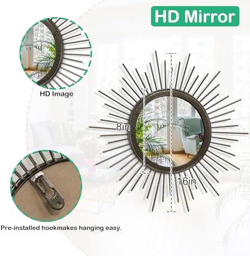 Large Spoked Sunburst Wall Mirror Boho Home Decor Round Wall Art Mirror Modern Metal Mirrors for Wall Living Room Vanity Bathroom Bedroom Hallway Balcony Entryway 16" - Image 7