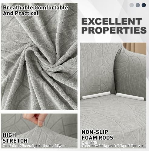 YEMYHOM Couch Cover Latest Jacquard Design High Stretch Sofa Covers for 3 Cushion Couch, Pet Dog Cat Proof Slipcover Non Slip Magic Elastic Furniture Protector (Large, Begonia Leaf Light Gray) - Image 3
