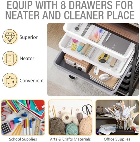 Rolling Storage Cart with 8 Drawers, Utility Cart on Wheels with Wooden Tabletop, Utility Cart for Teacher Storage, Office Organizer, Classroom Storage Cart, Craft Storage, Grey - Image 4