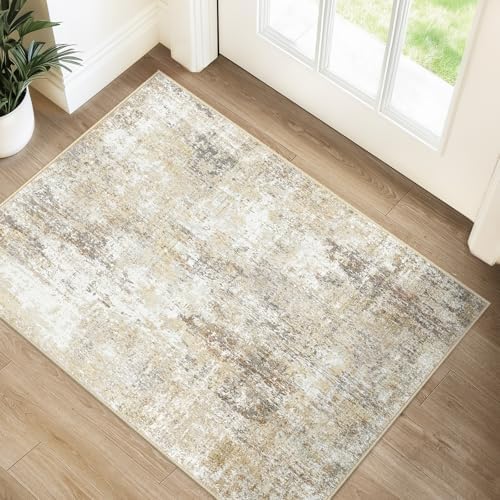 RELEANY Washable 2'x3' Abstract Area Rug for Living Room Neutral Brown by RELEANY