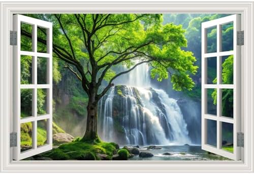 Fake Window Wall Decal- Rainforest Waterfall Tree Open Wall Art Sticker | Faux Window Mysterious Forest Natural Scenery Landscape Mural｜ Stick and Peel Wall Decals｜Room Bedroom Office Decor｜24"x16" by Clickhere