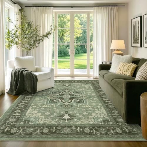 5x7 Ft Area Rugs for Living Room, Soft Non-Slip Machine Washable Rug, Vintage Stain Resistant Carpets for Bedroom Nursery Dining Room Home Decor (Green) - Image 2