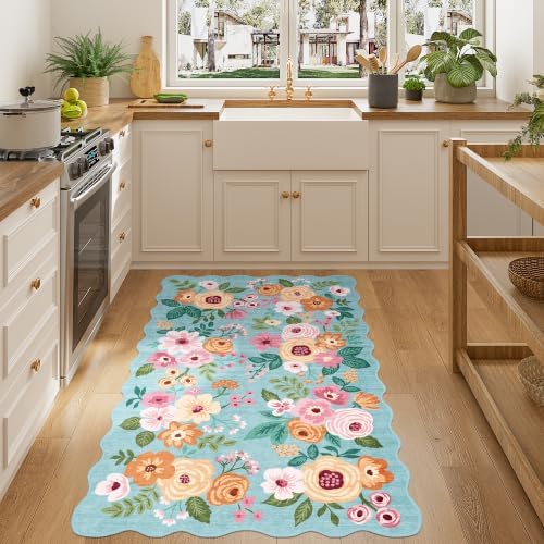 DUKINO 3x5 Area Rugs, Non Slip Floral Washable Rug for Bedroom, Teal - Image 5