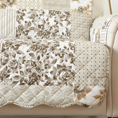 Great Bay Home Reversible Patchwork Recliner Cover - Washable Slipcover Furniture Protector with Elastic Straps - Perfect for Kids & Pets - Box-Stitched Detail (Taupe) (Pack of 2) - Image 2