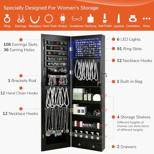 GISSAR Full Length Mirror Jewelry Cabinet, 6 LEDs Jewelry Armoire Wall Mounted Over The Door Hanging, Jewelry Organizer Storage with Lights Lockable, Black, 14.6" x 47.2" - Image 4