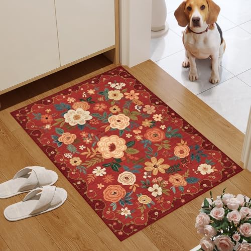 DUKINO 2x3 Entryway Rug, Floral Door Mat Soft Washable Rug Non Slip, Red - Image 6