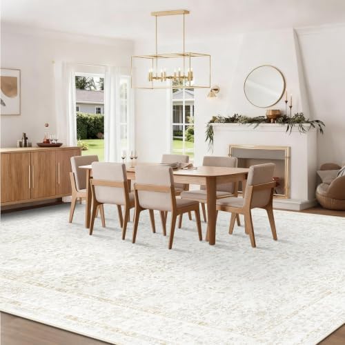 10x14 Area Rugs for Living Room: Washable Large Vintage Floral Rug Low Pile Non-Slip Boho Carpet for Bedroom Home Office Dining Room (FloralBeige, 10'x14') - Image 5