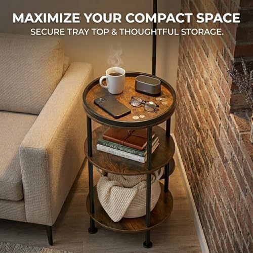 Small Round Side Table with Tray Top, Rustic Brown - Image 5