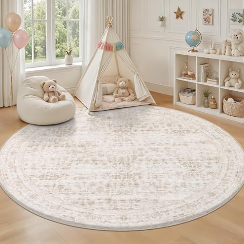 Round Area Rug for Living Room: 6ft Boho Washable Rug Beige Brown - Image 5