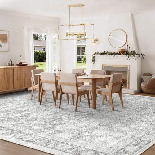10x14 Area Rugs for Living Room: Washable Large Vintage Floral Rug Low Pile Non-Slip Boho Carpet for Bedroom Dining Home Office (Grey, 10'x14') - Image 6