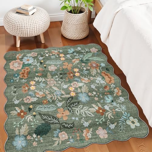 Floral Square Area Rug for Family: Washable 5x5 Scalloped Carpet for Living Room Bedroom Soft Water Resistant Floor Mat with Non Slip Backing for Kitchen Nursery Farmhouse Home Decor(5x5,Floral/Green) - Image 4