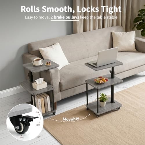 Rolling Side Table with Wheel for Living Room, Adjustable Height Swivel End Table for Different Seating Types, Ideal for Couch, Sofa, Recliner and Living Room, Grey Walnut-Look - Image 3