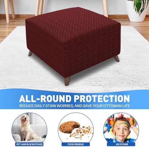 MAXIJIN Jacquard Ottoman Cover Slipcovers Folding Storage Stool Furniture Protector Cover Soft Thick Rectangle Foot Rest Slipcover with Elastic Bottom (Ottoman X-Large, Wine Red) - Image 2