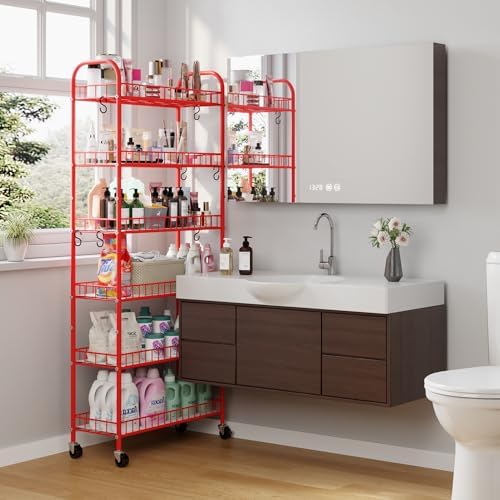 Slim Rolling Storage Cart, 6 Tier Metal Kitchen Rolling Utility Cart with Lockable Wheels for Kitchen, Bathroom, Laundry Room, Small Narrow Spaces (Red 10 Inches) - Image 3