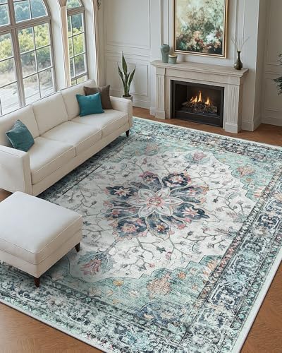 RELEANY Washable Area Rug, Large 9'x12', Teal Green/White/Navy - Image 2