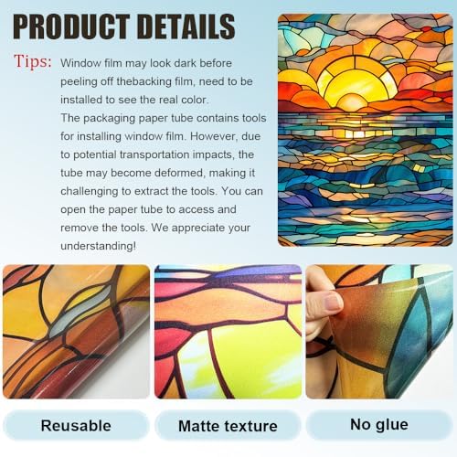 Window UV Protection Privacy Film:Non-Adhesive Static Cling Decorative Window Film with Installation Tools,Stained Glass Window Film for Kitchen,Study,Bathroom,and Shower Doors,17.7 x 39.4 inches. - Image 4