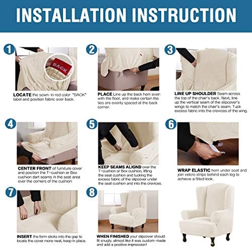 H.VERSAILTEX Wing Chair Slipcover Chair Covers for Wingback Chairs Wingback Chair Covers Slipcovers 1 Piece Stretch Sofa Cover Furniture Protector Soft Spandex Jacquard Checked Pattern, Natural - Image 6