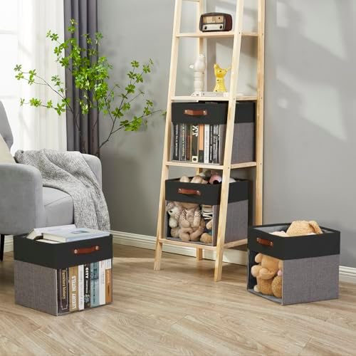 Bagnizer Storage Cubes, 4 Pack Linen Foldable Storage Bins (13 x 13 inch) with Clear Window and Handles, Fabric Organizer for Shelf Closet, Clothes, Books - (Gray and Black) - Image 6