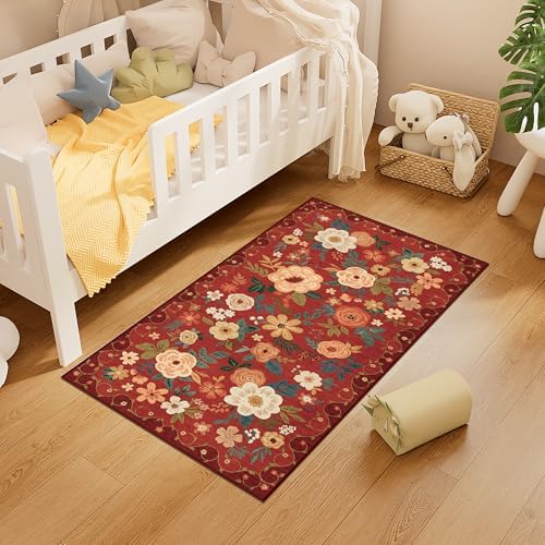 DUKINO 2x4 Entryway Rug, Floral Washable Kitchen Rugs Non Slip, Red - Image 5