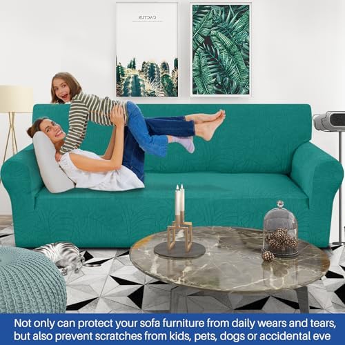 YEMYHOM Couch Cover Latest Jacquard Design High Stretch Sofa Covers for 3 Cushion Couch, Pet Dog Cat Proof Slipcover Non Slip Magic Elastic Furniture Protector (Large, Begonia Leaf Blackish Green) - Image 2