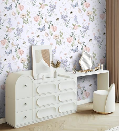 Vinjiasin Wallpaper Peel and Stick Colorful Floral Contact Paper Vintage Self Adhesive Removable Wall Paper for Bedroom Bathroom Flower Leaf Butterfly Bee 17.3" x 197" - Image 3