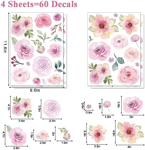 AOWDIAO 60 Pcs Flower Peel and Stick Wall Decals Watercolor Vinyl Peony Floral and Leaves Wall Stickers Pastel Flower Decor for Girls Bedroom Nursery Classroom Living Room - Image 4