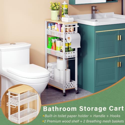 OKZEST Slim Bathroom Organizers and Storage Cart with Toilet Paper Holder - Image 2