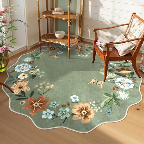 Lahome Floral Washable Round Area Rug, Soft Round Rug 5ft Soft Non-Slip by Lahome