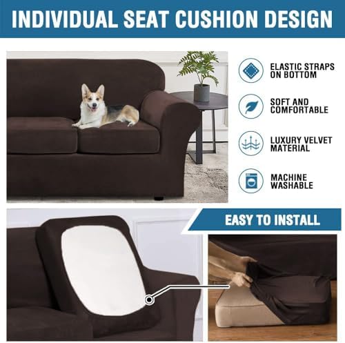 H.VERSAILTEX Rich Velvet Stretch 2 Piece Cover Chair Slipcover Sofa Cover Furniture Protector Couch Soft with Elastic Bottom Chair Couch Cover with Arms Width Up to 49 Inch(Chair,Brown) - Image 6
