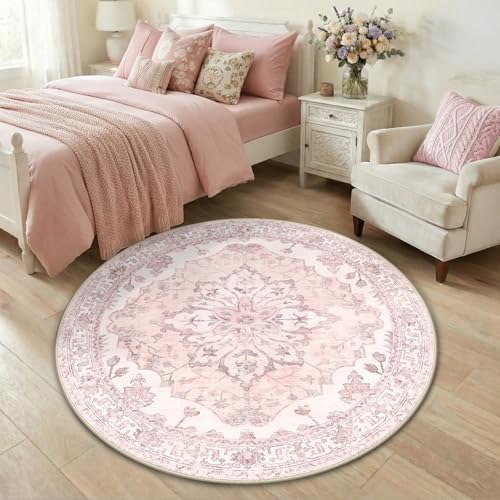 RELEANY Washable Area Rug, Round 4ft, Pink by RELEANY