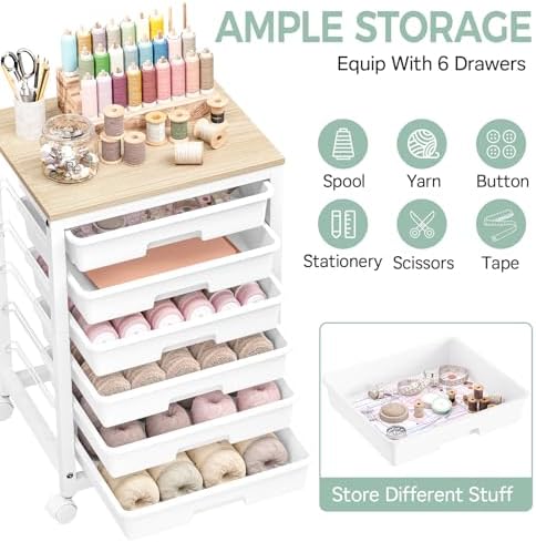 SYKIARIOL Rolling Cart with 6 Drawers,White - Image 2