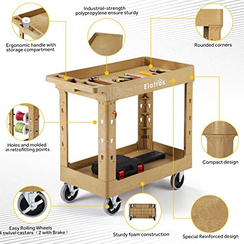 ELAFROS 2-Tier Heavy Duty Utility Rolling Cart, 34 x 17 in, 5" Wheels, Sand - Image 5