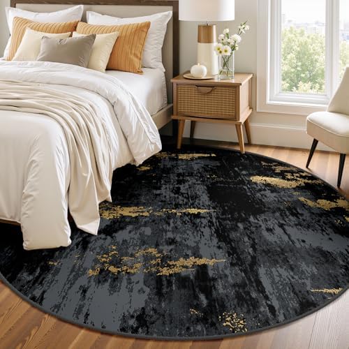 RELEANY Washable Round 8ft Area Rug for Living Room Black Gold by RELEANY