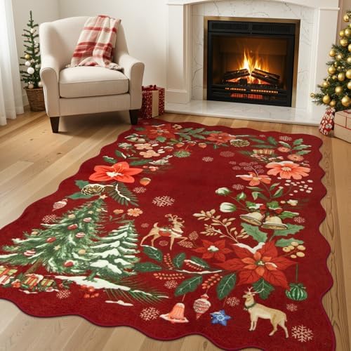 Lahome Floral Christmas Rugs for Living Room, 5x7 Christmas Area Rug for Bedroom Large Washable Carpet, Soft Stain Resistance Xmas Tree Carpets for Under Table Dining Room, Red by Lahome