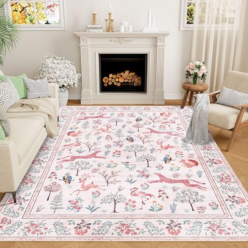 DUKINO 5x7 Area Rugs, Washable Animal Rug for Living Room Non Slip, Pink by DUKINO