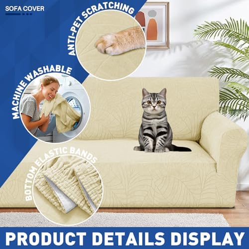 YEMYHOM Couch Cover Latest Jacquard Design High Stretch Sofa Covers for 2 Cushion Couch, Pet Dog Cat Proof Loveseat Slipcover Non Slip Elastic Furniture Protector (Medium, Begonia Leaf Beige) - Image 4