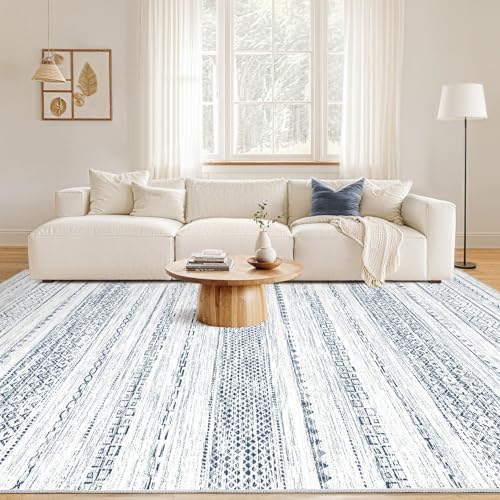 Nakagishi 6x9 Area Rugs Living Room: Washable Boho Large Neutral Soft Farmhouse Rug Stain Resistant Modern Indoor Floor Non-Slip Carpet for Bedroom Nursery Playroom Office Dining Room Dorm-White Blue - Image 2