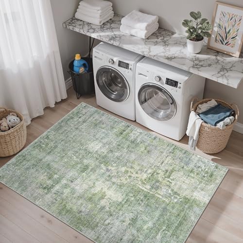 Soalmost Abstract 4x6 Area Rug Washable Rugs for Living Room, Green/Ivory - Image 2