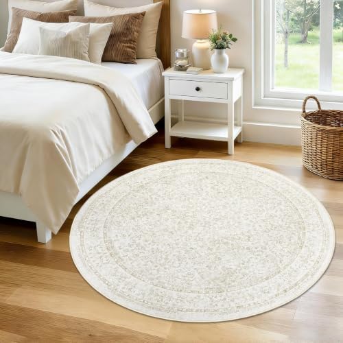 Round Rugs 4ft Vintage Floral Small Circle Rug, Washable Non Slip Soft Low Pile Stain Resistant Carpet for Living Room Bedroom Entryway Dining Room (FloralBeige, 4' Round) - Image 2