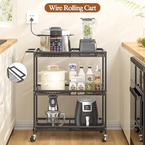 3 Tier Rolling Utility Kitchen Cart, Heavy Duty Wire Rolling Cart on Wheels, Commercial Metal Serving Carts with Handle, Kitchen Island Plant Shelf Food Storage Trolley for Laundry, Office, Garage - Image 5