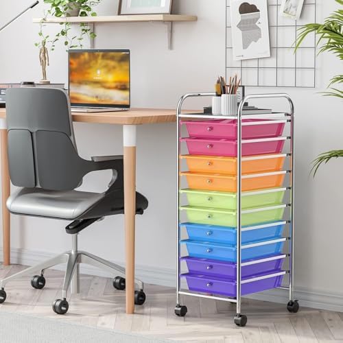 10-Drawer Rolling Storage Cart, Trolley w/Lockable 360° Wheels, 10 Removable PP Drawers, Sturdy Metal Frame, Rolling Utility Cart Perfect for Home, Office, Classroom (Rainbow) - Image 2