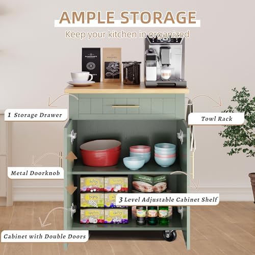 Shintenchi Kitchen Island cart with Storage, Portable Bar Cabinet on Wheels, Rolling Microwave Cart Side Table with Workstation for Kitchen, Dinning Room, Green - Image 5