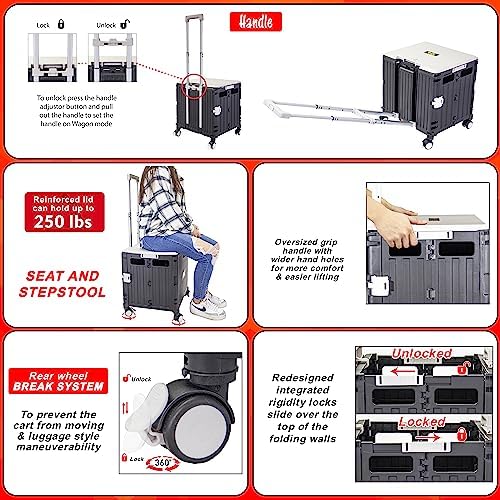 dbest Products Quik Cart Swing Lid Four Swivel Wheeled Rolling Crate Teacher Utility with seat Heavy Duty Collapsible Basket with Dual Telescopic Wagon Handle - Image 3