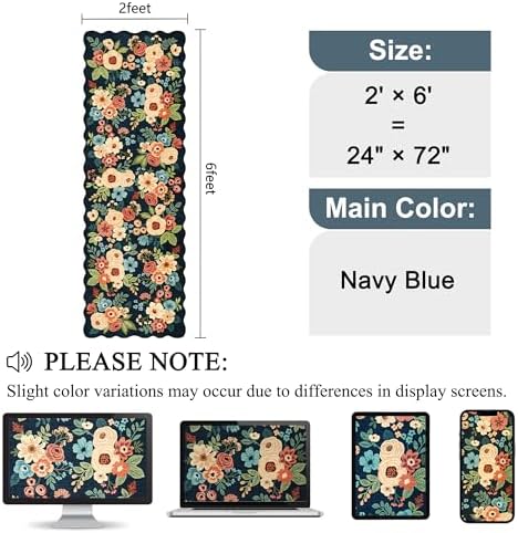 DUKINO 2x6 Runner Rug, Floral Washable Rug for Kitchen Non Slip, Navy Blue - Image 2