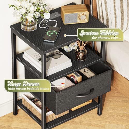 SUPERJARE Nightstand with Charging Station, Bed Side Table with Adjustable Fabric Drawer, Night Stand for Bedroom, 3-Tier Storage End Table, for Living Room, Black - Image 5